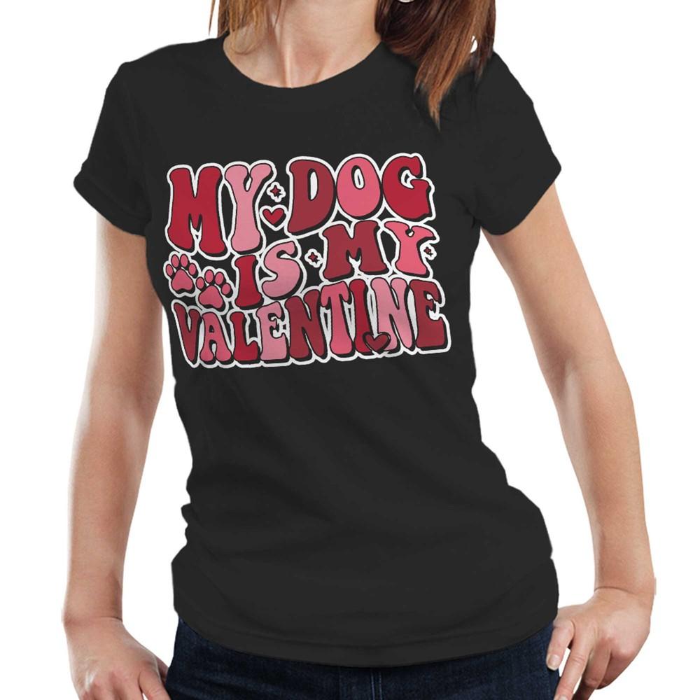 

My Dog Is My Valentine Fitted Ladies Tshirt Dog Lover Cute Heart Paws Puppy XL