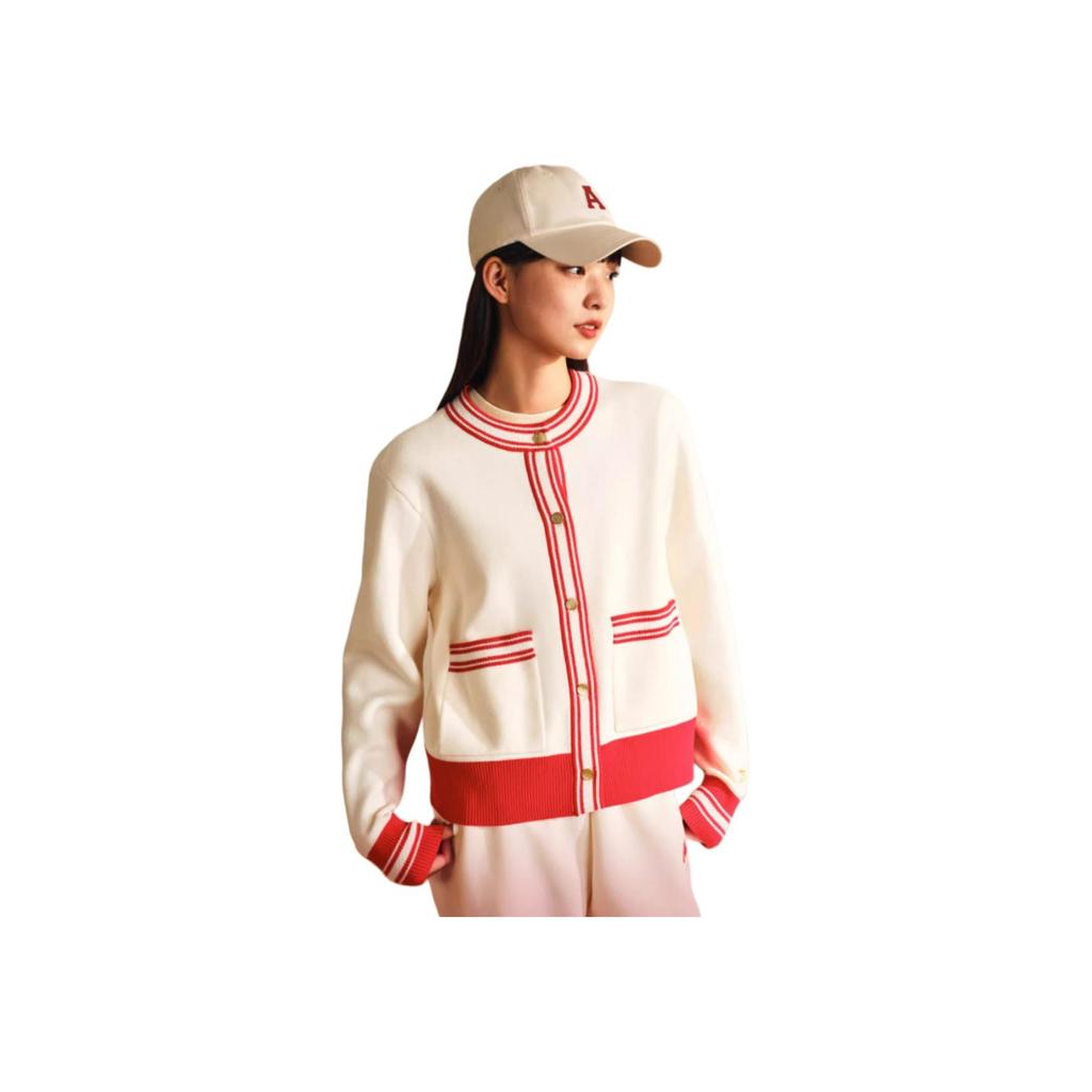Anta Life Series Good Things Happen Round Neck Cardigan Sweater Casual Knit Jacket Women sweater Corn-White 162518734-3