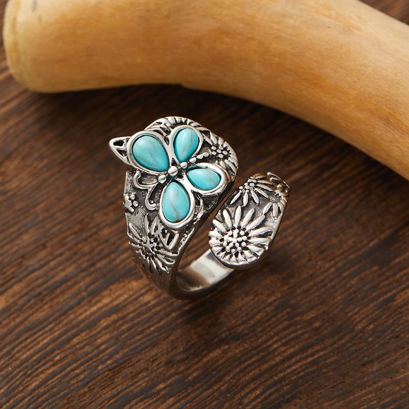 

Vintage Bohemian Faux Turquoise Ring Fashion Butterfly Skeleton Ring Fashionable Temperament Ethnic Style Women S Jewelry