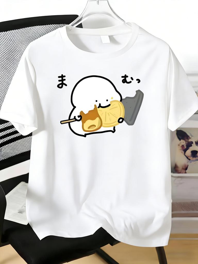 Unisex Crew Cotton Tee Cute Japanese Mochi Cartoon Print Short Sleeve Summer Daily Street Loose Top For Young Teen Male Casual Wear