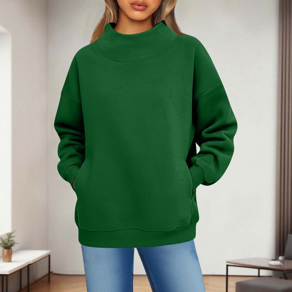 Women's Fashionable Casual Solid Color Round Neck Long Sleeved Pocket Sports Casual Pullover Sweatshirt Top