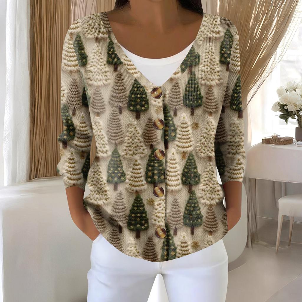 Damemote Langermet Christmas Snowman Snowflake Print Jakke Cardigan