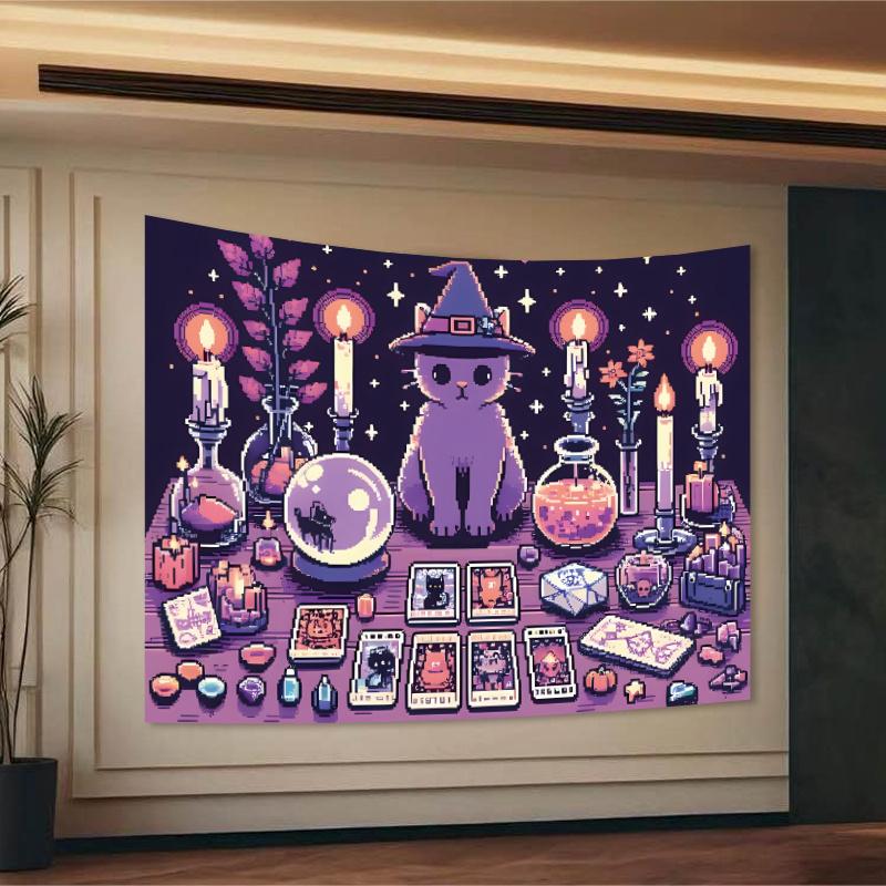 

VIKAMA Enchanted Tapestry Cat Halloween Decoration Wizard Theme Fantasy Party Living Room Bedroom Decor Home Furnishings 74x94cm(29x37in)