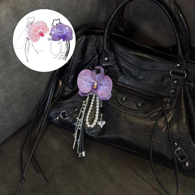2Pcs Handmade Flower Tassels Keychain Charm Elegant Floral Design Pearls Accent Hanging Decoration for Bag Jewelry Gift