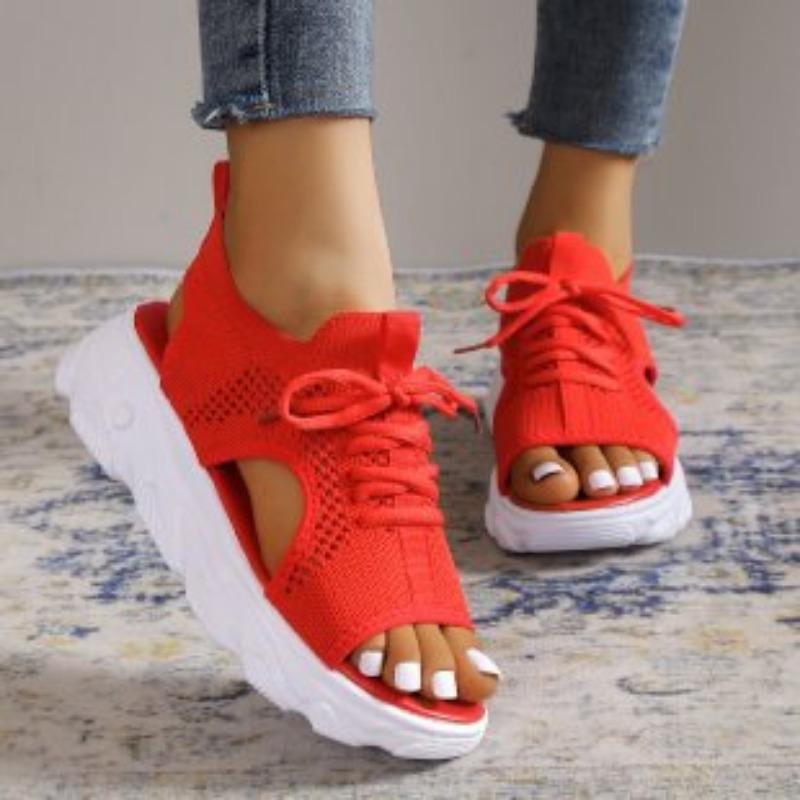 Spring and Summer New Wedge Heel Sandals Women's Flying Woven Breathable Mesh Hollow Muffin Fish Mouth Sandals