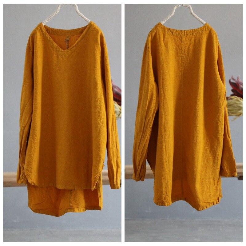 

Johnature женские футболки свободные льняные однотонные винтажные льняные весенние однотонные свободные футболки с v-образным вырезом и длинными рукавами One Size