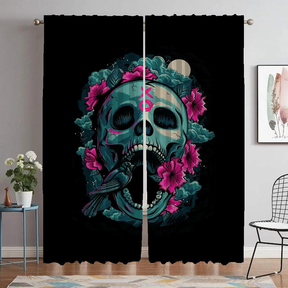 Mexico Flower Skull Anti-mosquito Curtains for Living Room Blackout Curtain for Room 2 Panel Halloween Decoration Partition Home