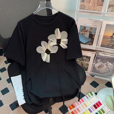 Summer Women T-shirt Blouses 3D Flower Decoration Solid Casual Women Fashion T-shirt O-Neck Short Sleeve Loose Top