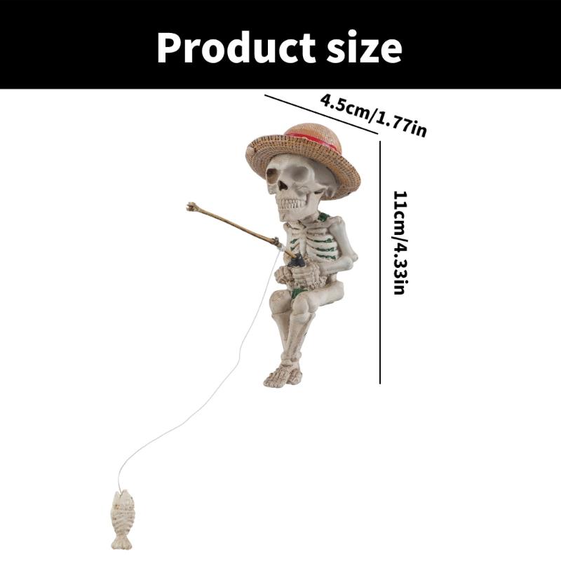 Miniature Resins Skeleton Fishing by Pond Intricate Detailing Figurine Gift for Collectors and Halloween Enthusiasts