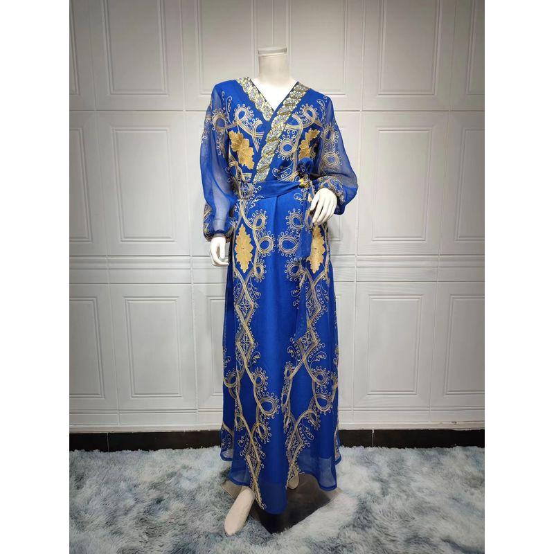 

New Arrival Fashion Elegant Hot Drilling Mesh Embroider Puff Sleeve Dress Mesh Embroidered Dress Blue S