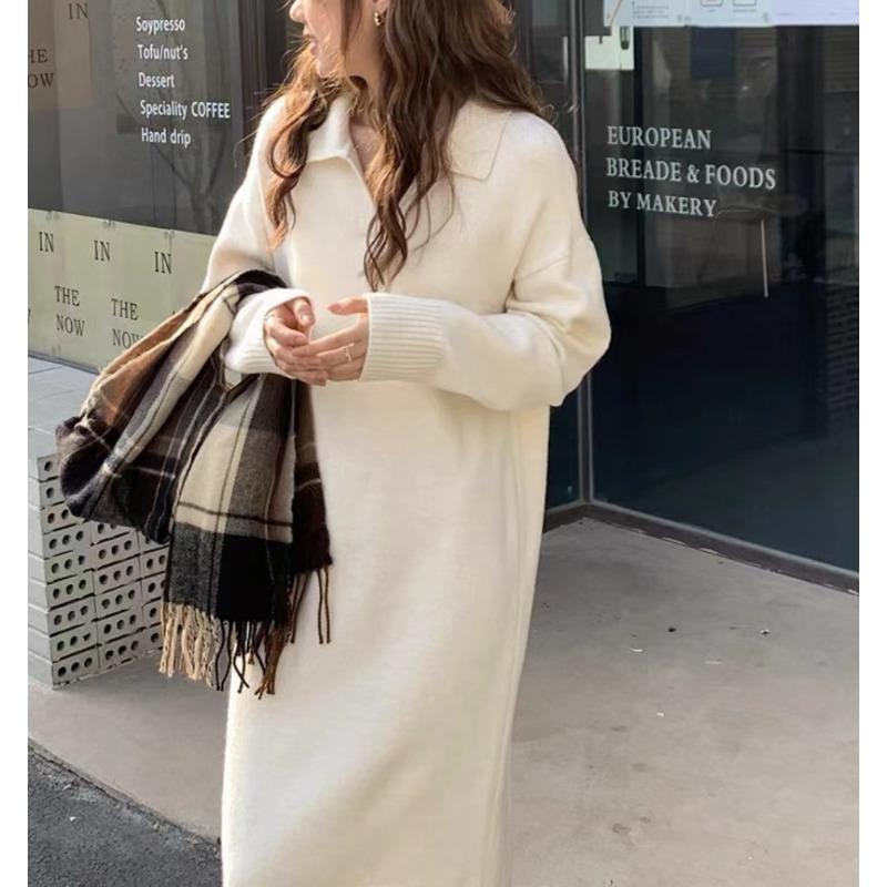 Solid color polo collar bottoming skirt autumn and winter new with coat long over the knee lazy wind loose thick knitted sweater skirt
