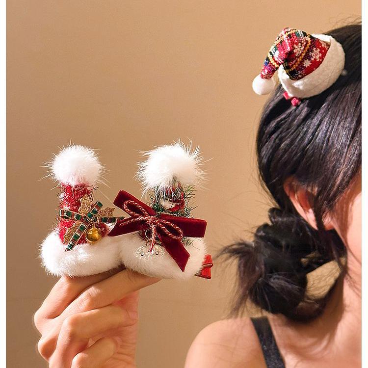 Ding Ding Ding~Cute Red Christmas Tree Hat Hair Clip, Women's High-end Dressing Props, Plush Side Bangs Clip