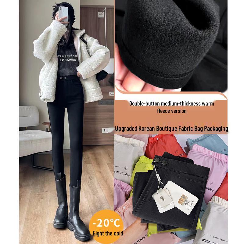 Hohe Taille Schwarze Fleece-gefütterte Koreanische Katzen-Leggings für Damen - Dehnbar, Skinny Fit Bleistifthosen