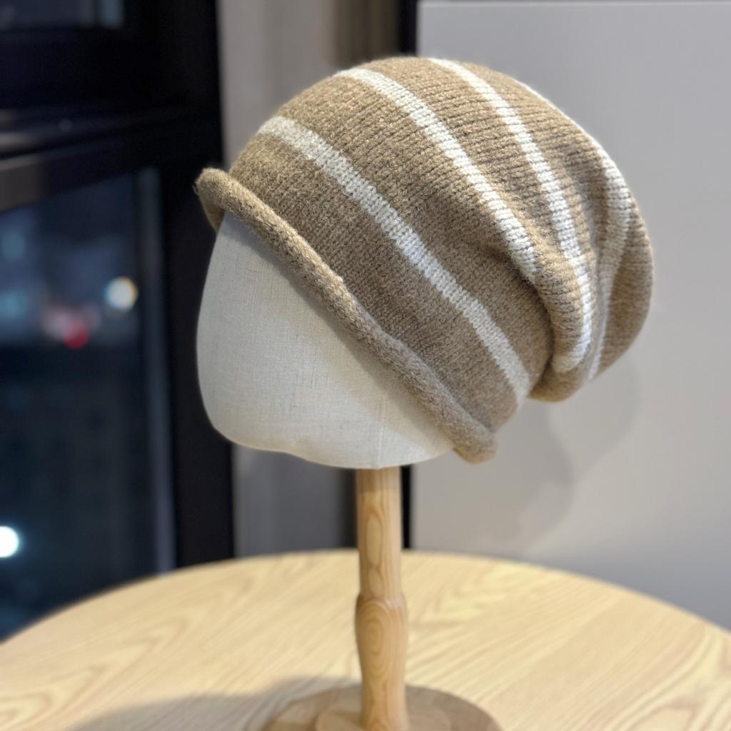 Autumn and Winter Warm Knitted Hat Fashionable Striped Woolen Hat Casual Face Showing Small Big Head Circumference Pullover Hat