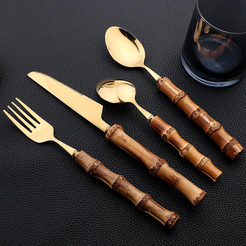 6//24Pcs Dinnerware Sets Bamboo Handle Stainless Steel Creative Flatware Set Knife Fork Spoon Tableware Set Luxury Cutlery Rack