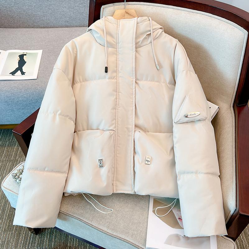 Women Autumn Winter Hooded Collar Long Sleeve Solid Color Warm Coat Drawstring Zipper Loose Parka