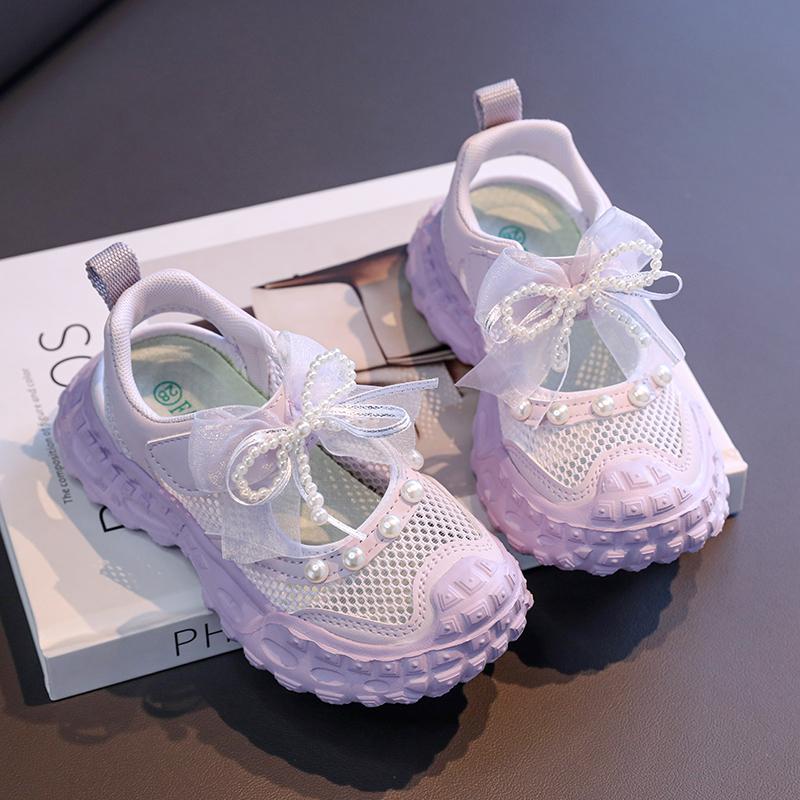 Girls' Princess Sandals Summer New Children's Baotou Foreign Pearl Single Mesh Shoes for Children Mesh Sneakers