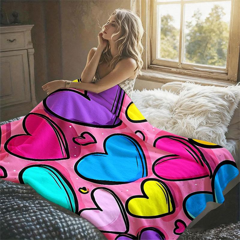 Cartoon Hearts Colorful Pink Flannel Blanket Perfect for Sofa Office Bed Travel Sleep Read Relax Camping Four Season Use