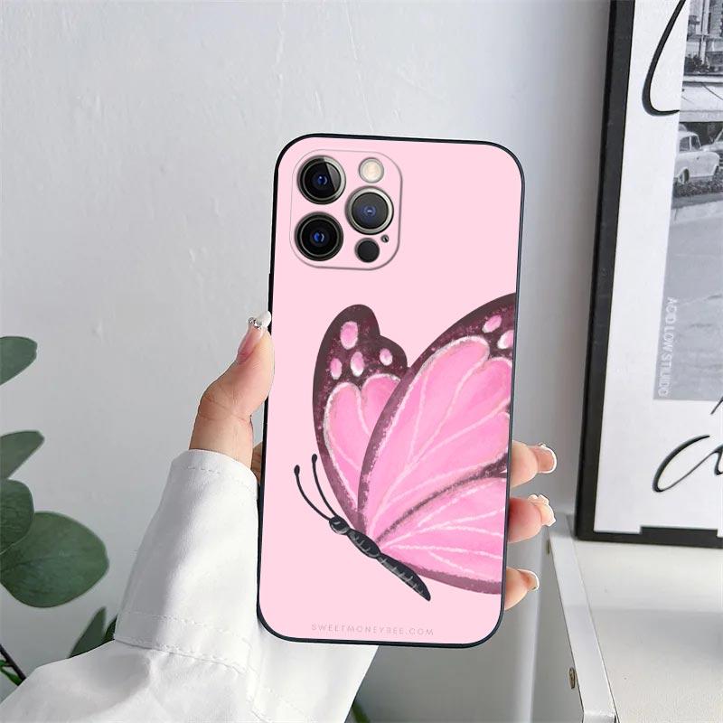 Beauty Pink Butterfly Phone Case for iPhone 11 15 Pro Max Case Coque 14 Plus 13 Pro 12 Mini 11 X S XR 7 8 SE 2020 TPU Soft Cover