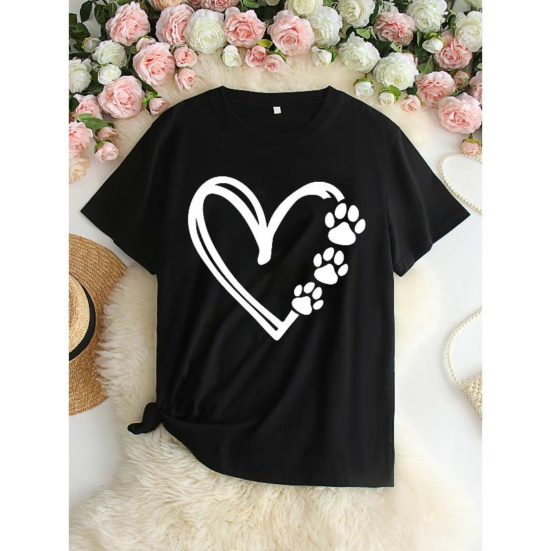 European sizes Heart Print T-Shirt, Casual Crew Neck Short Sleeve T-Shirt