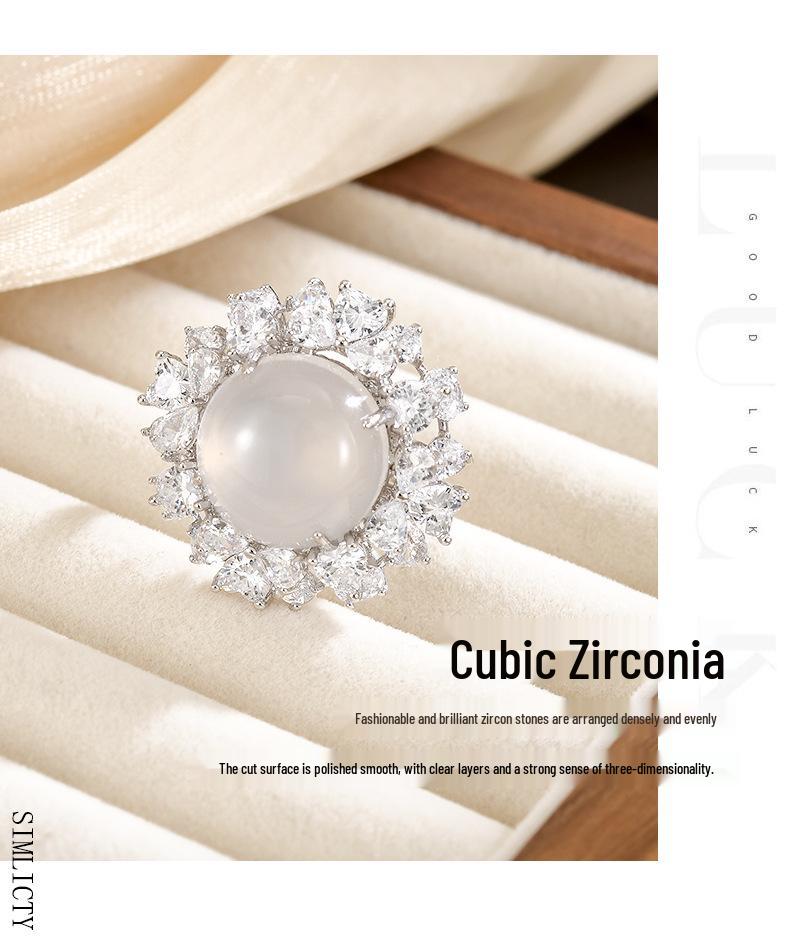 Ice Jade White Jade Flower Bloom Ring - High-End Diamond Paved Luxury Banquet Jewelry
