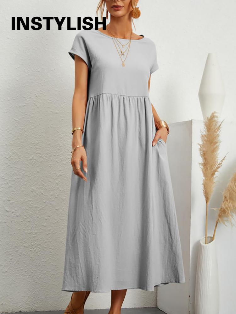 Vintage Solid Midi Dress Casual Short Sleeve Cotton and Linen Harajuku Oversized Long Dress Women Summer Y2K Maxi Sundress 2023