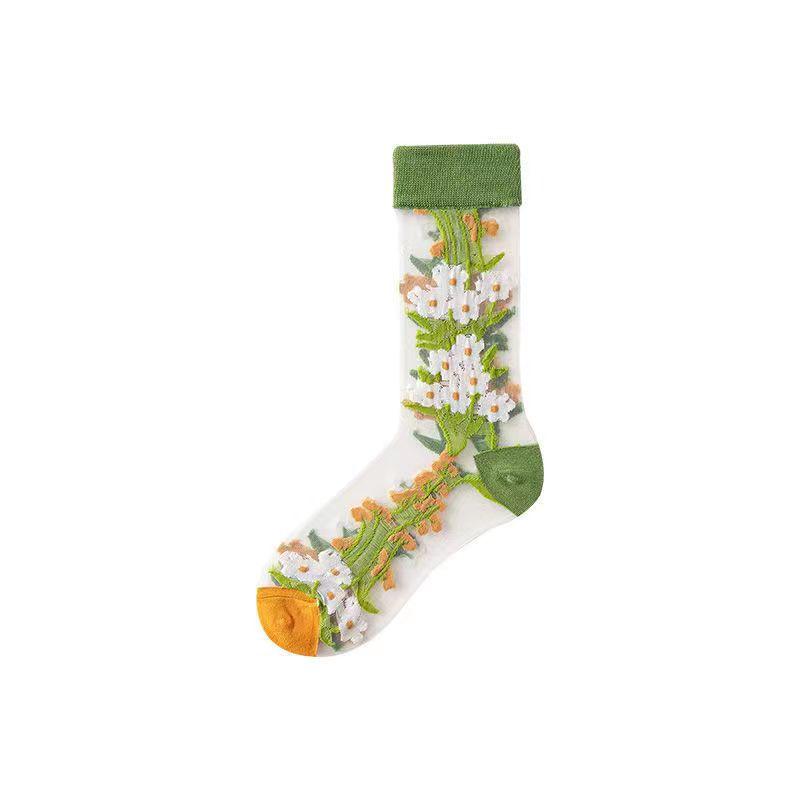 Spring/Summer Women's Floral Mori Girl Thin Mid-Calf Socks - European & American Style