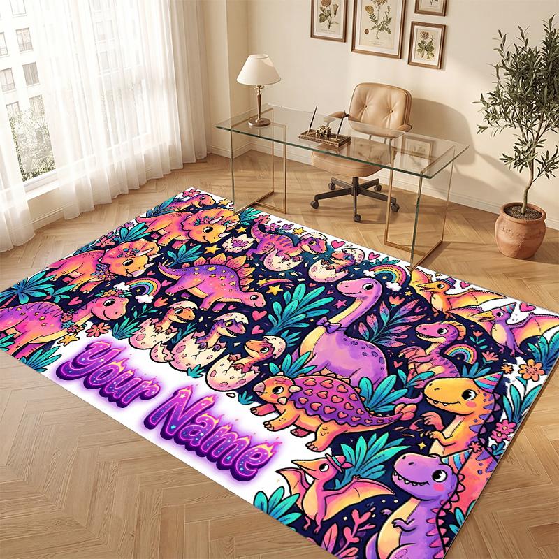 Dinosaur Theme Soft Crystal Velvet Rug Custom Name & Text Print Non Slip Floor Rug for Bedroom Living Room