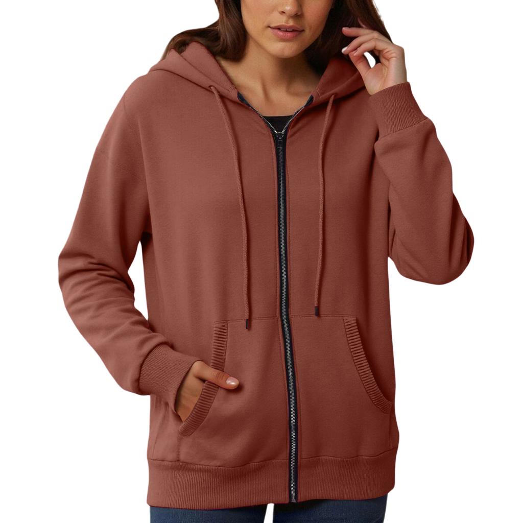 Women's Loose And Comfortable Zipper V-neck Long Sleeved Solid Color Pullover Sweatshirt Jacket
