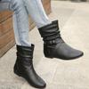 Fashion The 2025 autumn/winter new style of knight boots: large-sized flat belt-buckle women's boots with round toe leather surface