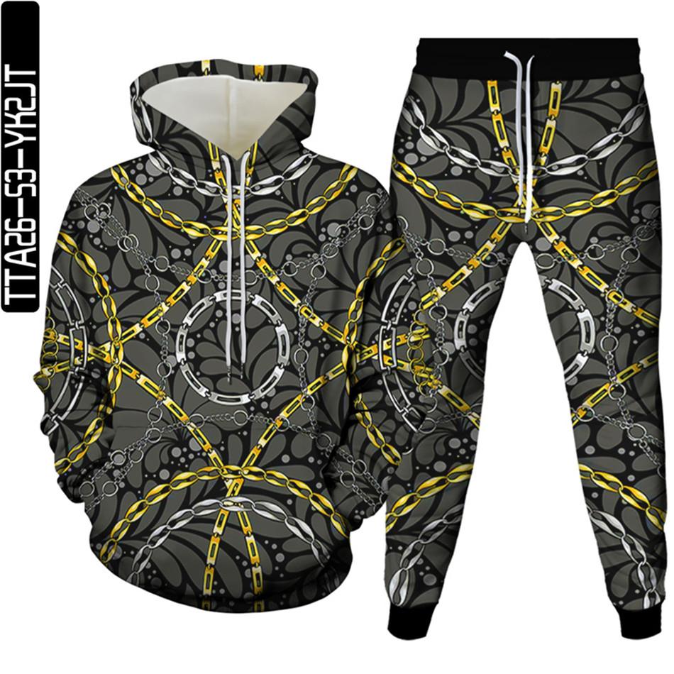 Golden Flowers Male Casual 3D Printed Clothes Sets Luxury Royal Harajuku Autumn Women Hoodies+Trousers 2Pcs Tracksuit Size S-6XL