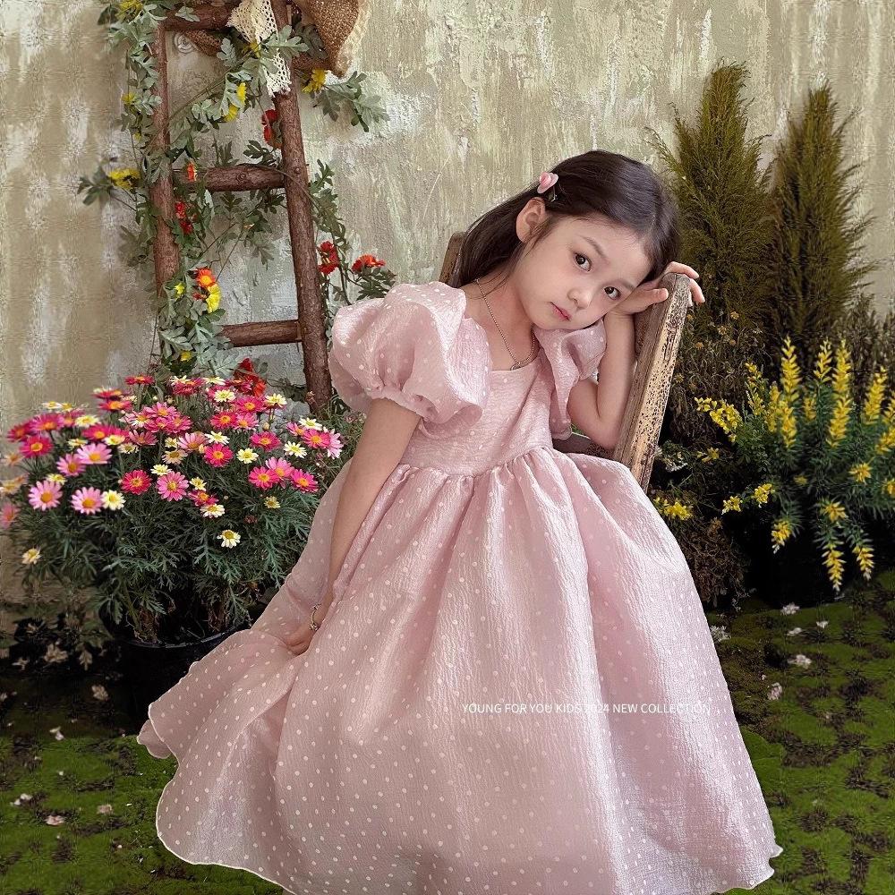 Vestito da Festa a Pois per Bambina Estate Maniche a Bolla Abito da Principessa Eleganza Discreta Stile Coreano Giapponese 2-7 Anni