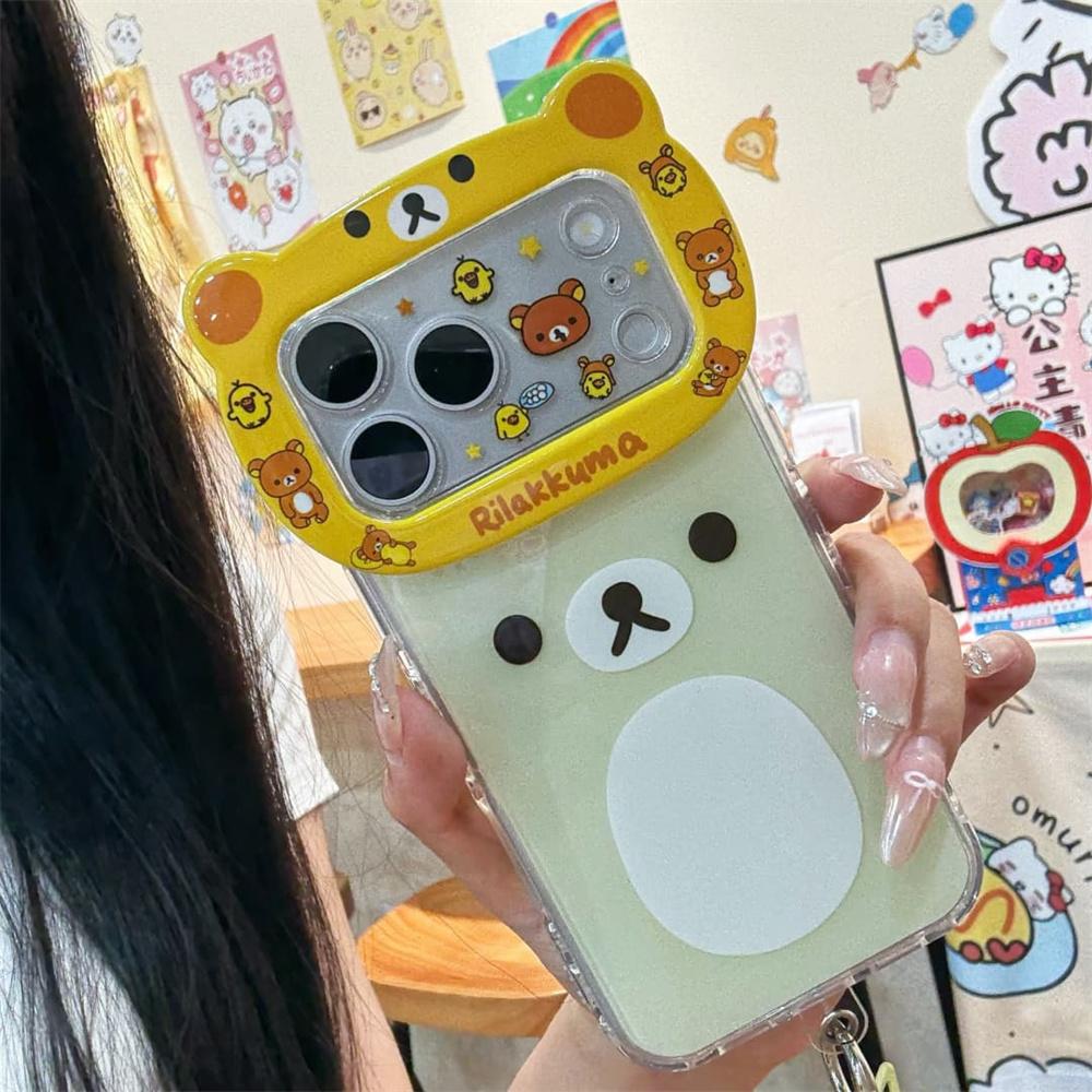 Kawaii Rilakkuma Orso 3D Cartone Animato Custodia per Telefono per iPhone 16 Pro 15 14 13 16 17 Pro Max Custodia con Catena Antiurto Funda Cover Carina