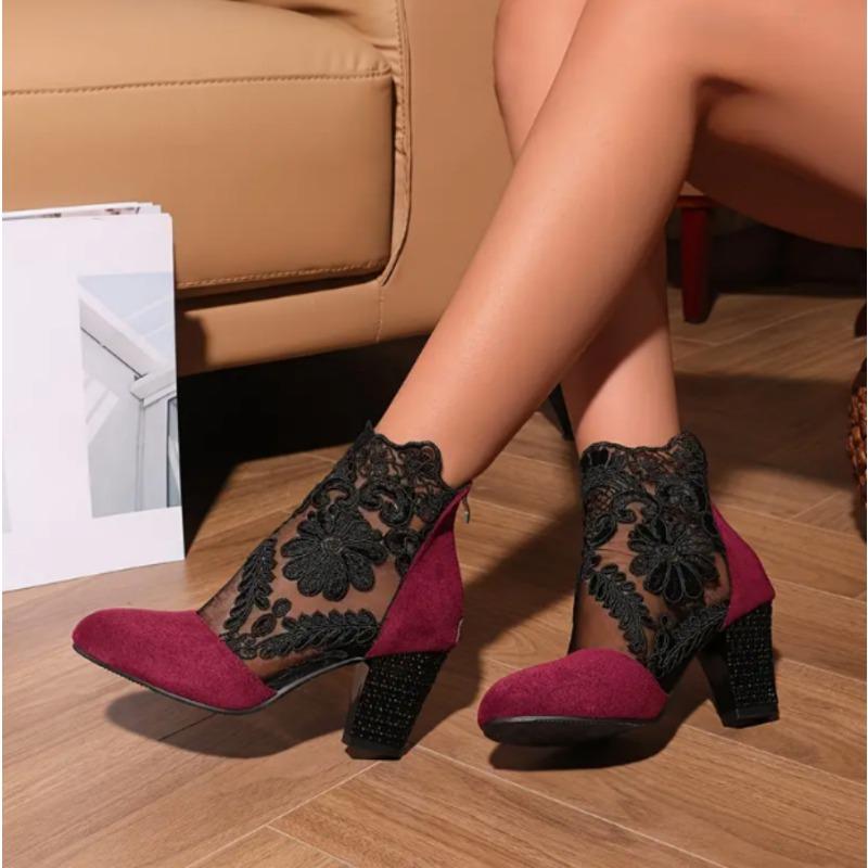 Women's Retro Lace Mesh High Heel Boots Fall New Plus Size Booties