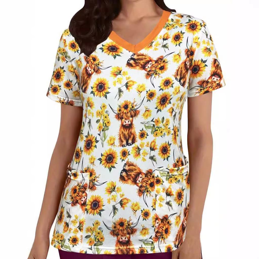 Romantic Pink Butterfly 3D Digital Print Women's Pocket V-neck Pullover Short Sleeved T-shirt Hospital Protective Apparel