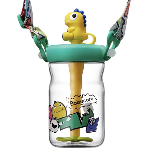 

bc babycare Straw Mug Water Bottle with Straw, Perfect for Kids, 500ml, with Shoulder Strap (Tyrannosaurus Toby Green)