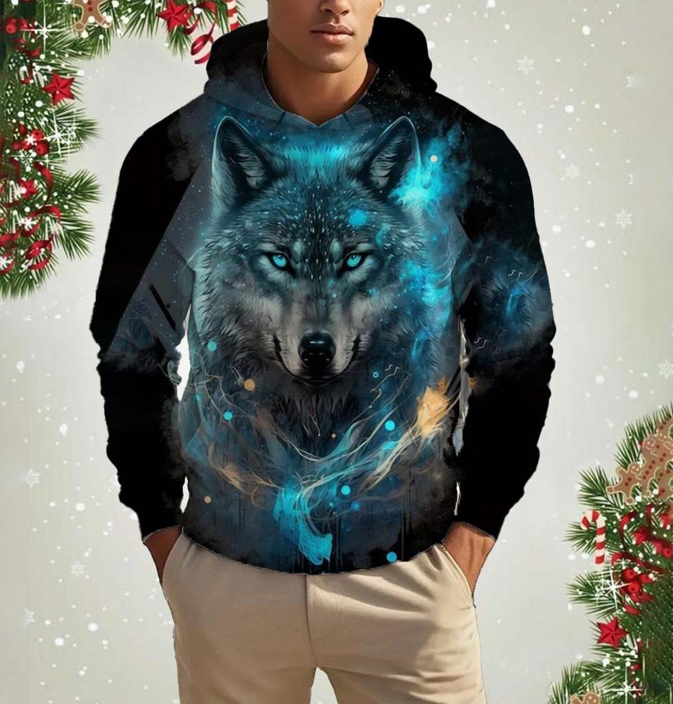 Men's Hooded Fashion Animal Wolf 3D Print Hoodies Top New Autumn Fashion Casual Long Sleeved Pullover Oversized Sweatshirts