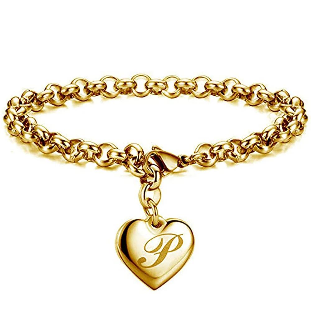 1 StückNeuer Goldfarbener Initialbuchstabe Herzanhänger Armbänder Für Frauen Edelstahl Gliederkettenarmband Mit 26 Buchstaben Graviert