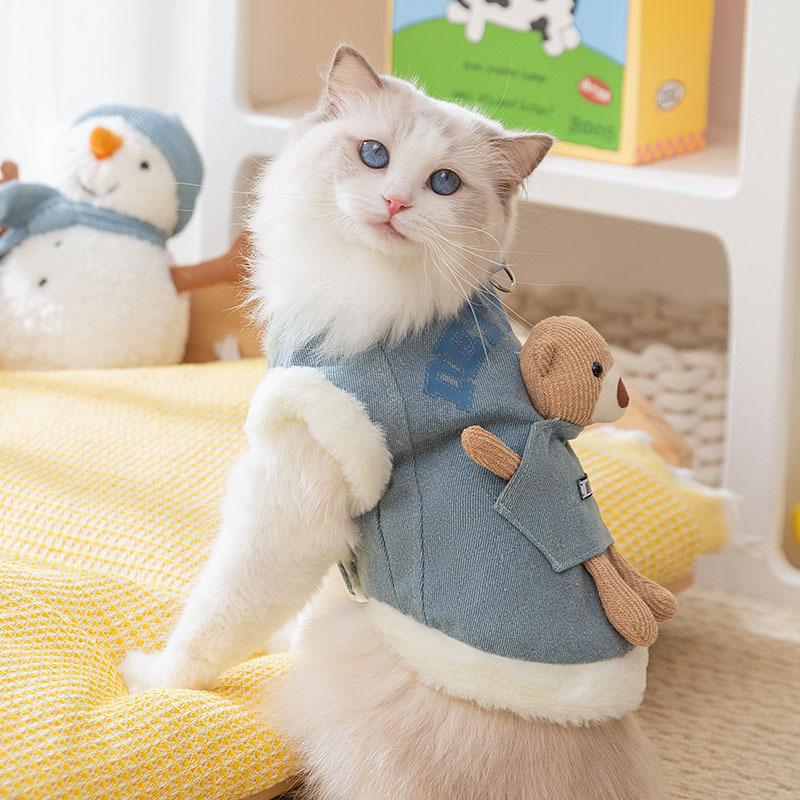 Cute cat clothes fleece thickened denim into cat kitten small dog puppy dog warm vest pet clothing