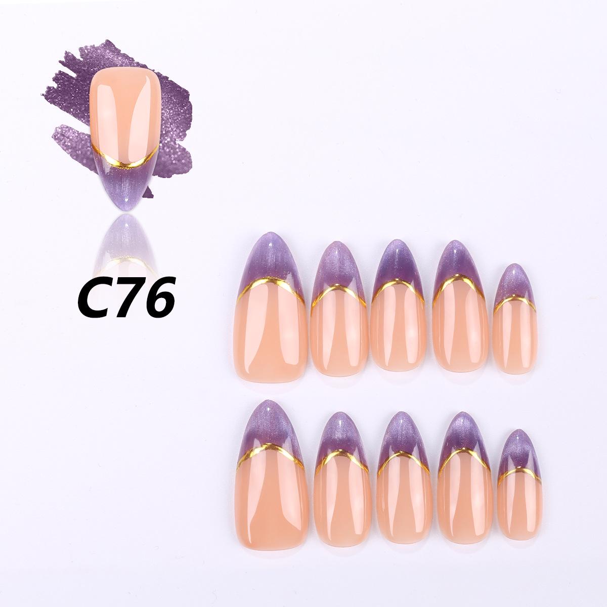Фиолетовые позолоченные французские миндалевидные накладные типсы для ногтей с эффектом «кошачий глаз» Small