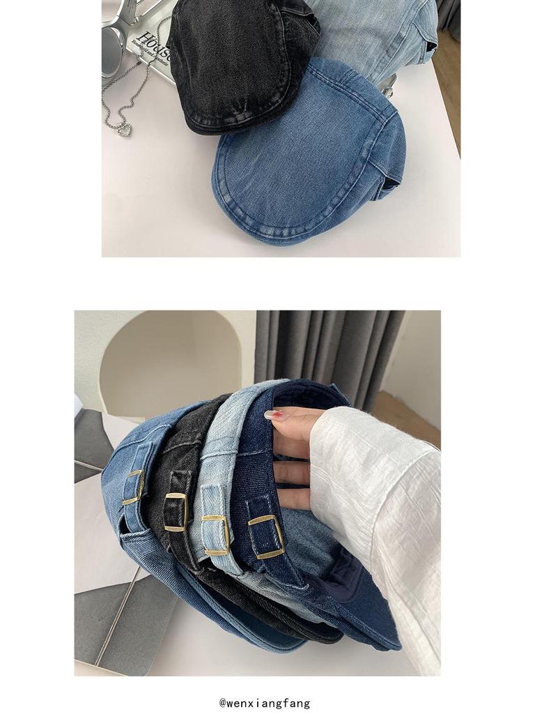 Women's Retro Washed Denim Newsboy Cap - Korean Style, Large Fit, Face-Slimming Beret
