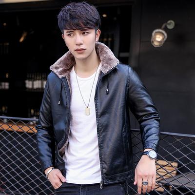 Winter Men's Leather Jacket PU Leather Cotton Jacket Green Fur One-piece Plus Velvet Thickened Hooded Slim Men's Trendy