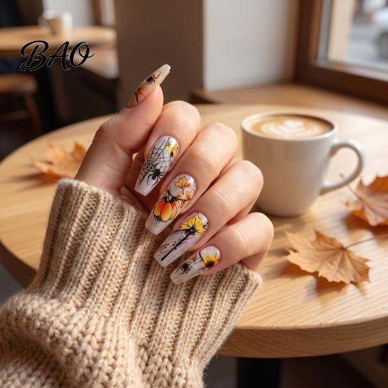 Nail Art Accessories Women Stickers for Autumn Halloween, Pumpkin Spider Web Skull Flame Decals Manicure Decal, DIY Supplies Holiday Party Decal