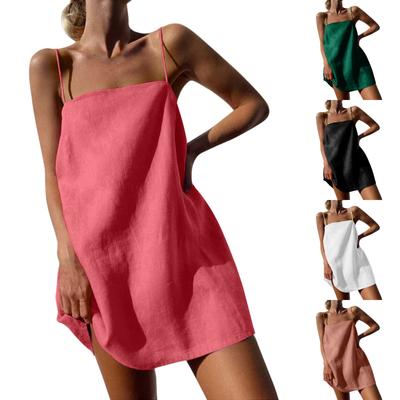 Vestido Casual de Tirantes de Algodón y Cáñamo Bohemio Liso para Mujer Vestido de Moda