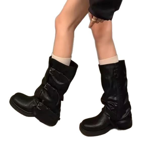 Thick-soled Medium Tube Pants Tube Boots Women's Early Season New Pleated Belt Buckle Dark Boots Knight Boots
