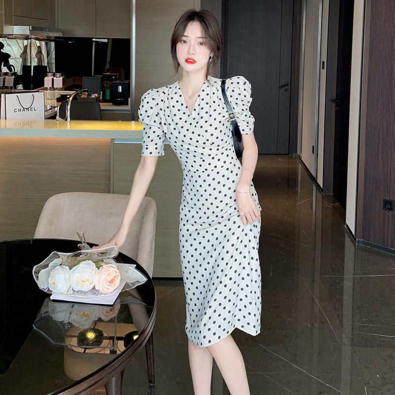 French qipao, summer polka dot V-neck dress, new mom's wear, French casual sexy short sleeve, slimming European and American style