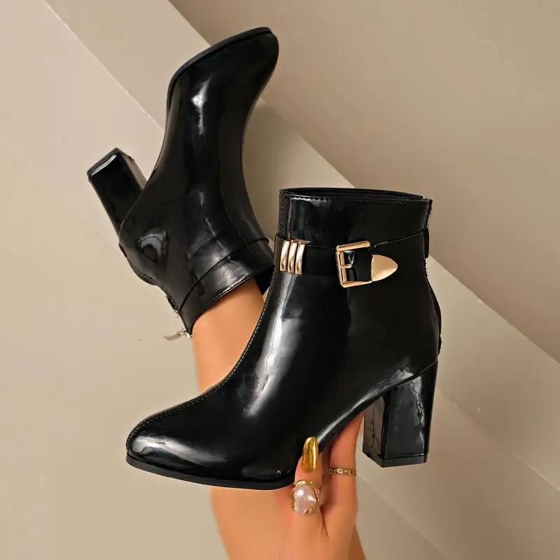 Sexy Patent Leather Black Ankle Boots Women Winter Metal Buckle High Heel Chelsea Boots Gold Decoration Designer Shoes Lady