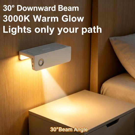 Safety Path Lighting Motion Sensor Night Light with Phone Stand, 3000K Warm Glow, 30 Degrees Downward Beam, No Drill Wall Mount