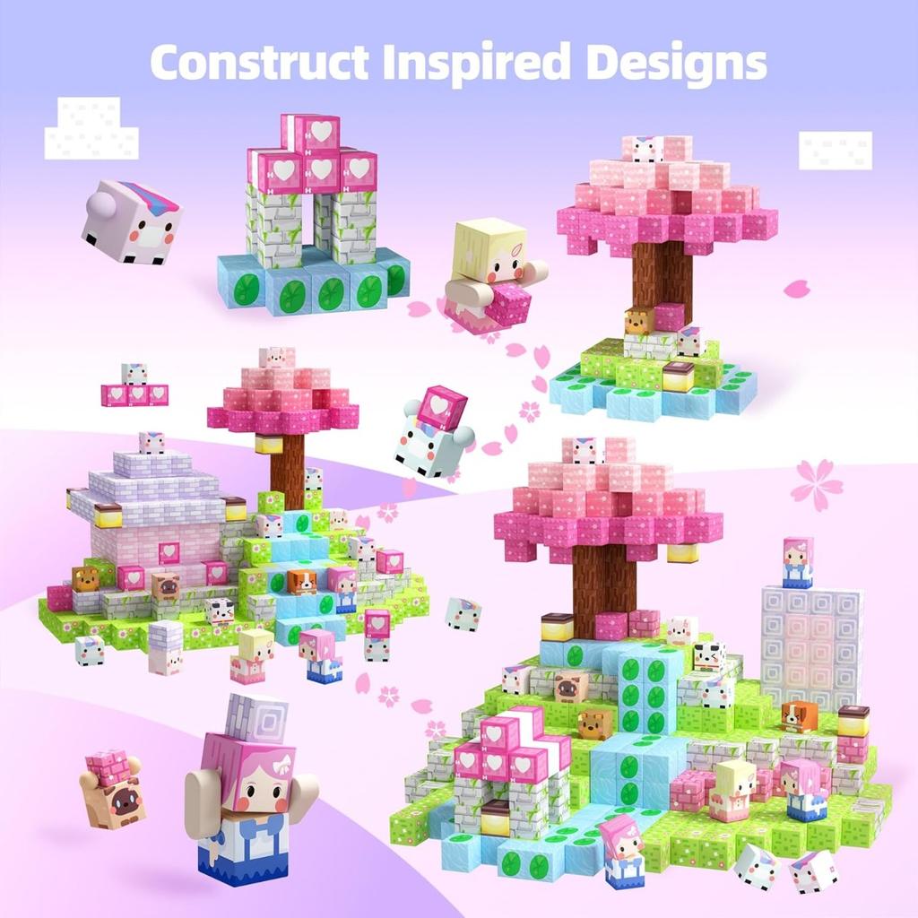 Magnetic Building Blocks Mine World Magnetic Pink Blossom Castle Construction Brick Cube Stem Boy Girl Children Toy Set Gift
