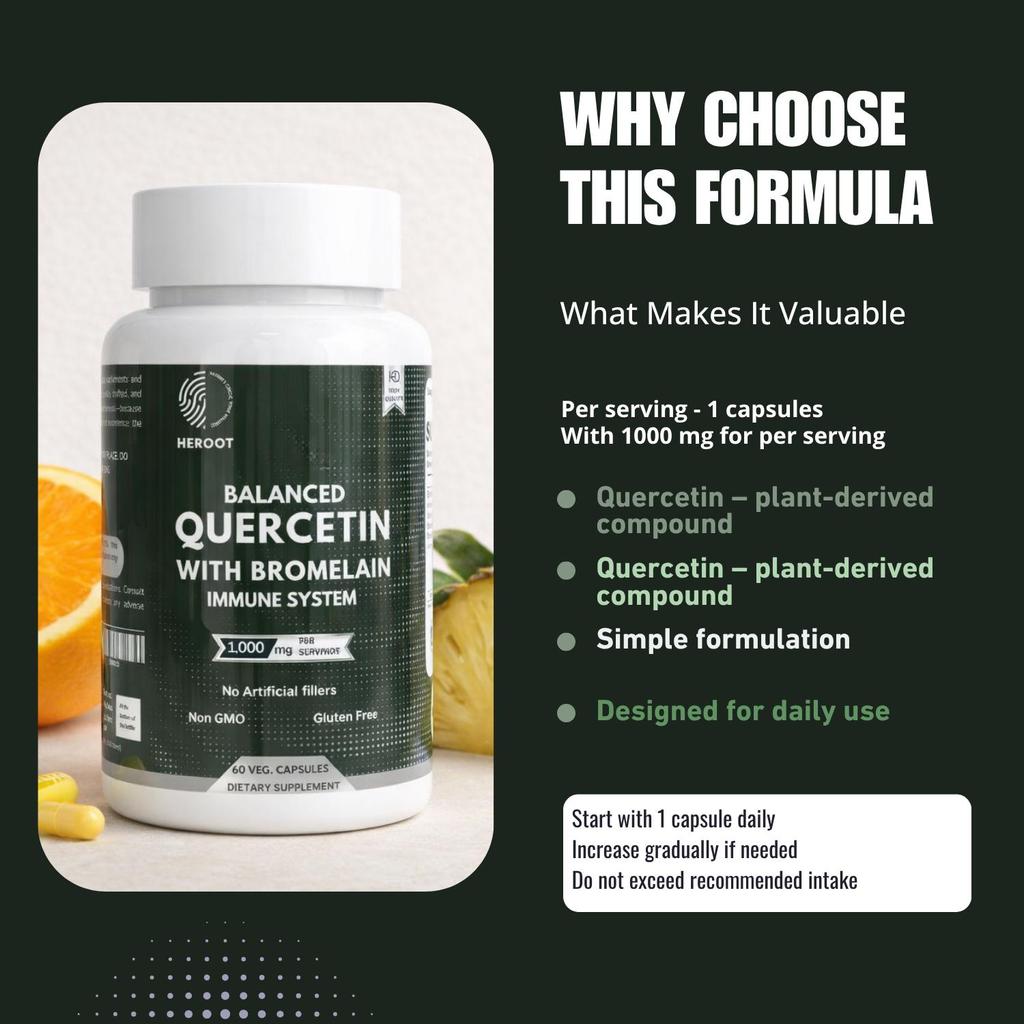 Heroot Quercetin with Bromelain Capsules 1000mg, 60 Vegetarian Capsules for Daily Wellness